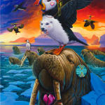 Dulk panel 3 of triptych of walrus with polar bears and puffins