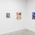 Install Image of "Oddkin", from left to right, “Night Flyers”, “We Eat Lunch at Noon”, “Shelf with Fish, Sunburst & Plants”, “Forever a Leaky Lip”
