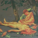 painting sketch of two nude girls, one bleeding, on the forest floor