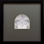 framed drawing of a figure on a stage between curtains