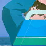 painting by artist Adrian Kay Wong depicting a woman wearing a teal sweatshirt reclining in a blue and green striped lawn chair with her arm obscuring her face, in the background is an overcast sky and ocean waves