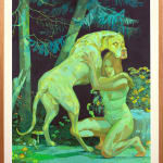 a large dog with its paws on the shoulders of a kneeling nude girl. The dog and girl are in the forest