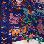 Painting of a white table with several plants in short clear jars. Behind the table is a tapestry or rug with several indigenous designs on it depicting people on horses and birds or chickens.