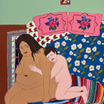 painting of a large nude woman being embraced by a smaller nude man in a bedroom setting by Gina M. Contreras