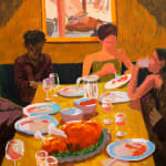table with various foods on it with people sitting and chatting around it and a picture depicting an image of shackled ankles above them