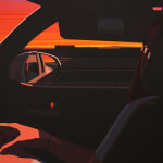 painting by artist Adrian Kay Wong depicting the interior of a car, with a woman sitting in the passenger seat smoking a cigarette. Her face is obscured by the headrest, and visible outside the window is a bright orange and red sunset