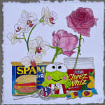 painting of frog, spam, cheezits, and candy with flowers