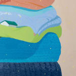 Danym Kwon painting of stacked folded sheets with patterns, trees, florals, etc