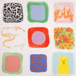 one of four ceramic tiles with nine squares, each containing either a pattern, an animal, or organic shape by Lorien Stern