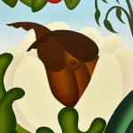 Painting of a brown figure coming out of the center of a white flower surrounded by greenery on a blue background