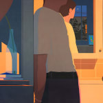painting by artist Adrian Kay Wong depicting a layered composition in which two figures are seen in a bathroom interior setting, in close proximity though separated by a wall and obscured by a series of mirrors and objects