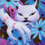 painting of a white cat biting a pale white hand with multiple bandaids, surrounded by blue and pink flowers