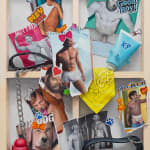 painting of cutouts from an anthropomorphic dog porn magazine and sex toys azine