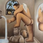 Painting of a nude male figure with his foot up and a stream of water