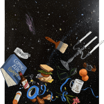 painting of objects such as a book, candelabra, paintbrush, tape, mug, and more drifting through space and off the canvas