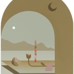 Madeleine Tonzi - Painting of brown and teal shades of floating landscape, platform with flowers and rocks behind am arch tunnel.