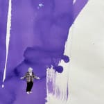 Painting with large purple vertical paint strokes in the background covering the paper with the word "TELEVISION" in bold horizontally in the center and small man in the far right corner wearing a bowler hat, plaid jacket and black pants