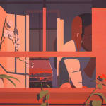 painting by artist Adrian Kay Wong depicting layered composition of a house exterior's windowsill, with red roses growing in front of it and a wind chime swaying. A woman sits in front of the window, with her face resting in her hand, obscured by a portion of the window pane. Besides her is a white orchid plant