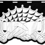 embroidered black and white banner of two hands in cuffs shaking
