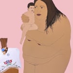 painting of a large, nude, brown woman with brown hair loosely covering her shoulder holding a smaller, paler nude man with a mustache against her chest and face. Besides them is a table, with an embroidered cloth along the top and an upside down religious statue by Gina M. Contreras