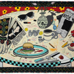 painting of a still life table scape featuring a cheeseburger, coffee, and various objects by Alex Ziv