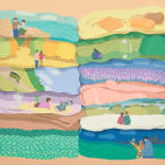 Painting by Danym kwon of laundry piles with small scenes in them