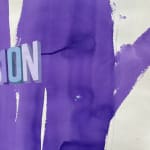 Painting with large purple vertical paint strokes in the background covering the paper with the word "TELEVISION" in bold horizontally in the center and small man in the far right corner wearing a bowler hat, plaid jacket and black pants