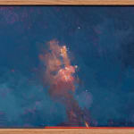 Painting of a firework going off in the sky with smoke surrounding the pink light