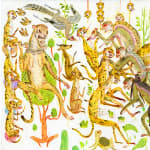 Detail shot of a painting by Mu Pan of creatures, animals and human hybrids eating, sleeping, killing, flying and climbing