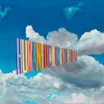 Painting of clouds with the words "Human Fucking Knowledge" in the middle in multicolor