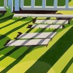 detail of Natalia Juncadella painting of white fence and grass with shadows cast over it