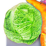 Painting of a green cabbage, a carrot and a purple cabbage above a white pair of underwear briefs.