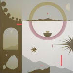 Painting of a abstract desert landscape with various shapes like stars and suns and moon.