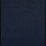 Framed deep blue colored wood relief sculptural piece made up of spiral shapes and curves by artist Scott Albrecht