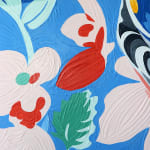detail of Annie Duncan painting of clear nail polish bottle - open with brush on side. Bright floral background