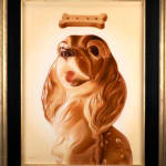 Painting of a brown dog with a bone shaped biscuit floating above its head