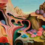 Painting of a colorful landscape with winding roads and caves