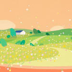 Danym Kwon - detail of "Flower Whisper". The landscape of lawn with flowers and a road that leads to a white house with black roof.