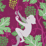 Detail of Oona Brangam-Snell hand-woven embroidery of eagles, grapes, and figures climbing