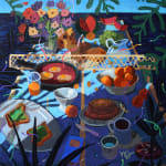 painting of a lush table scape featuring various foods and flowers atop a ping pong table by Nicholas Bono Kennedy