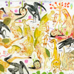Painting by Mu Pan of creatures, animals and human hybrids eating, sleeping, killing, flying and climbing