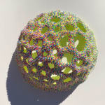 A sculpture by Dan Lam of a sphere with round holes broken through out the top of it.