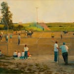Pat Perry - painting of a baseball diamond, figures standing along fence watching a person dressed as the grim reaper mow the lawn with colorful smoke charges nearby