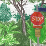sketch of a stop sign surrounded by green trees and plants