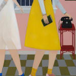 painting by Angela Burson depicting two women walking in opposite directions, one with a bandage-wrapped arm and the other reaching for a black telephone