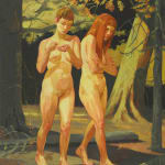 two nude girls walking through the woods