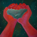 painting by artist genevieve cohn of a pair of red-toned hands cupping water against a blue starry sky