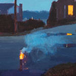 Painting of a firework going off in the middle of a street with several houses surrounding it
