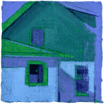 painting of a house in blue, green, and periwinkle palette