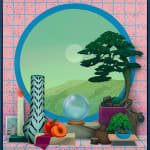 framed painting of plants, candles, fruit and mystical objects in front of window looking out onto a mountain